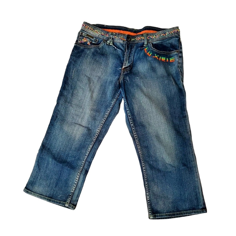 Luxierie womens capri jeans blue colorful beaded waist L